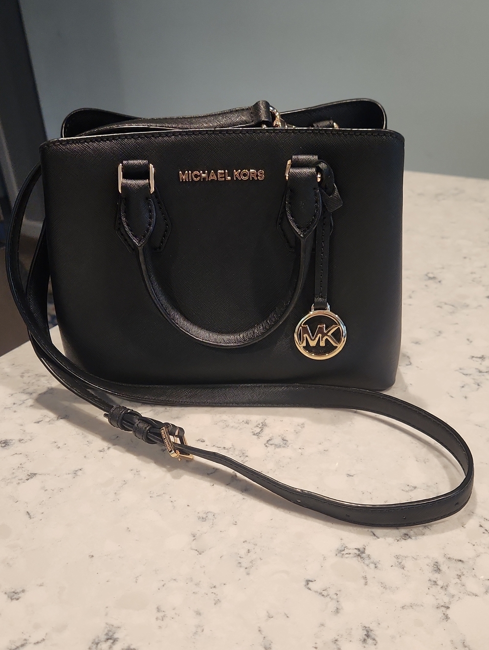 Michael Kors Black Leather Crossbody Satchel with Gold Hardware